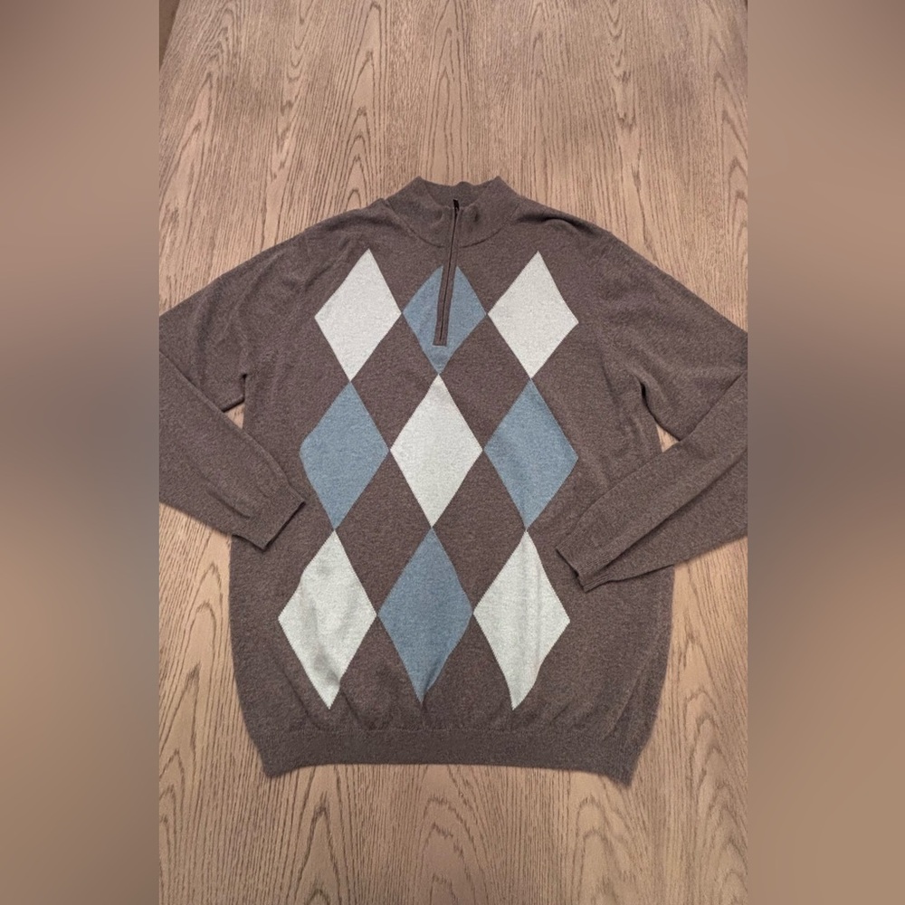 FootJoy Men’s Grey Argyle Quarter Zip Cotton & Cashmere Blend Sweater Size L